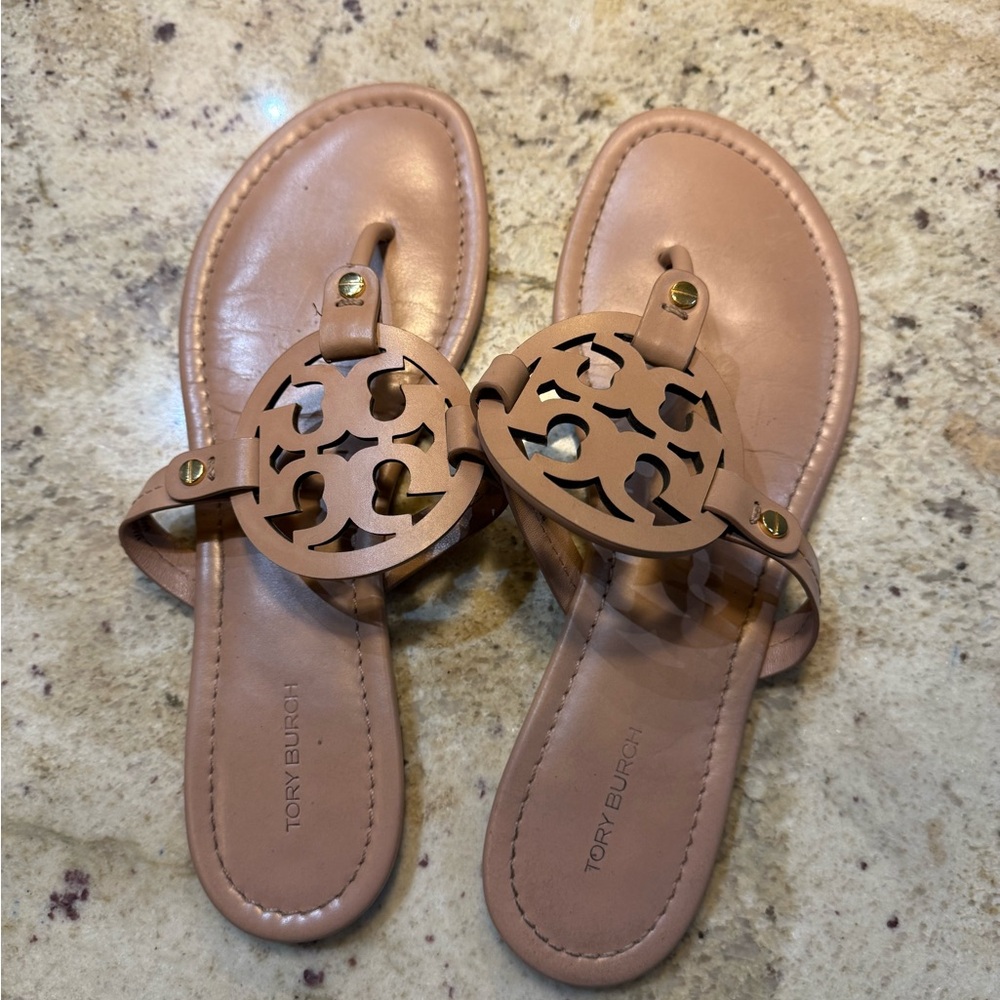 Tory Burch Tan Miller Sandals with Iconic Medallion
